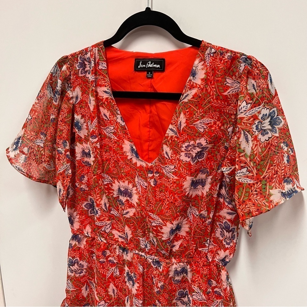 Sam Edelman tiered ruffle flutter sleeve red dress size 6 - Picture 3 of 13